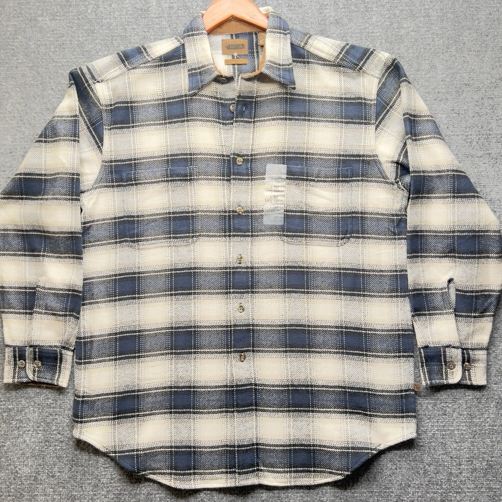 St Johns Bay Heavyweight Flannel Shirt Men's LTall Green Tan Plaid Long Sleeve